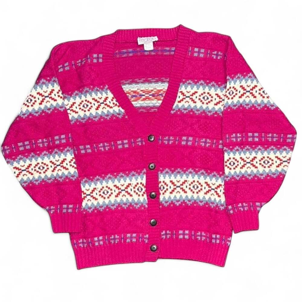 Vintage Maren Hot Pink Fair Isle V-Neck Button Cardigan Sweater